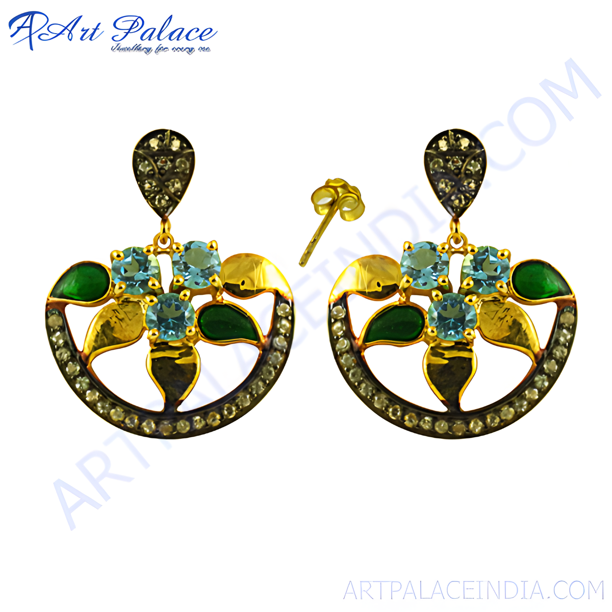 Gold dangle earrings with gemstones and cubic zirconia detailing