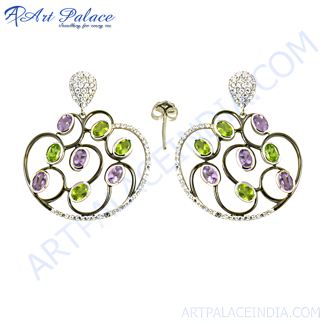 Gold drop earrings featuring green and purple gemstones, a vibrant and stylish design