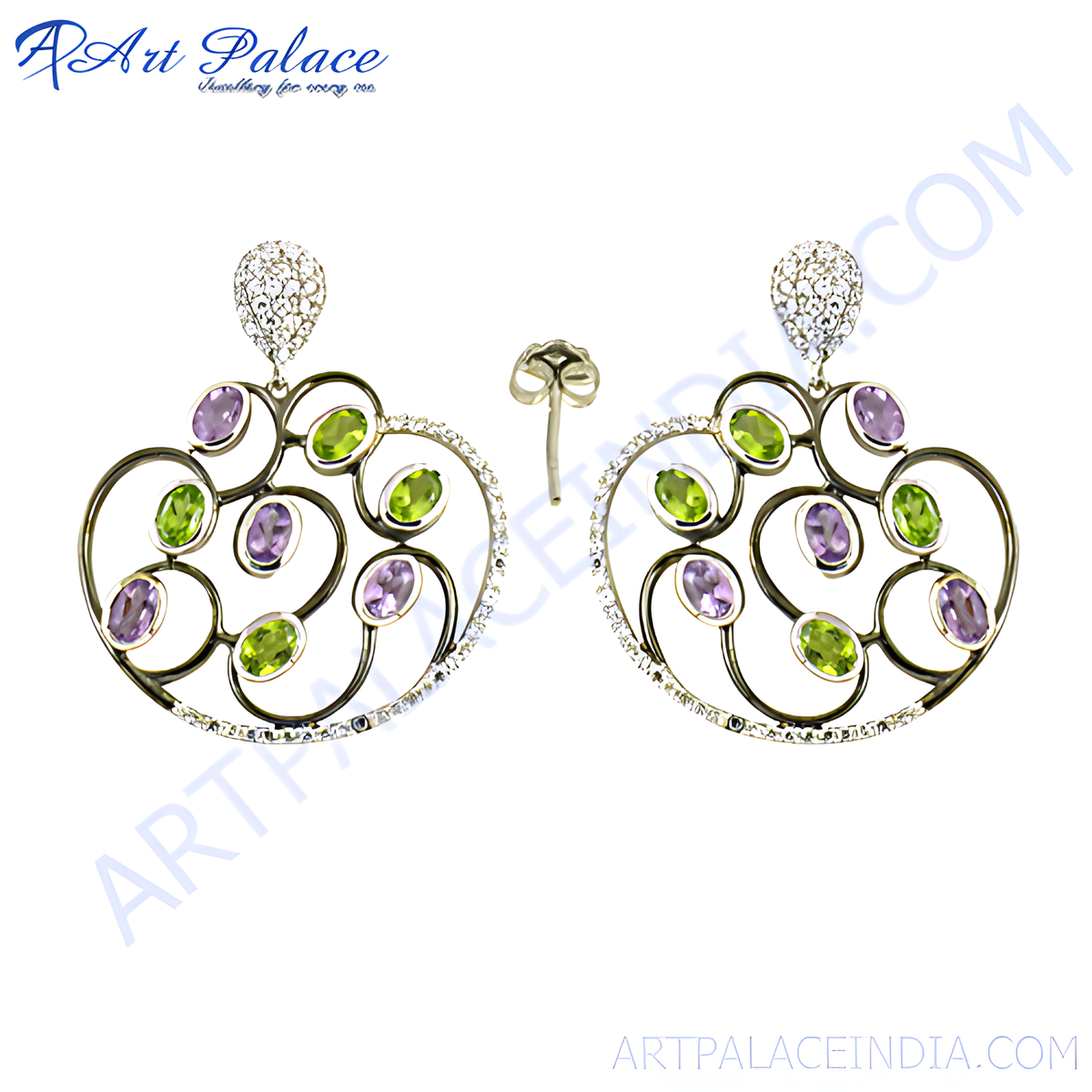 Gold drop earrings featuring green and purple gemstones, a vibrant and stylish design