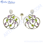 Load image into Gallery viewer, Gold drop earrings featuring green and purple gemstones, a vibrant and stylish design
