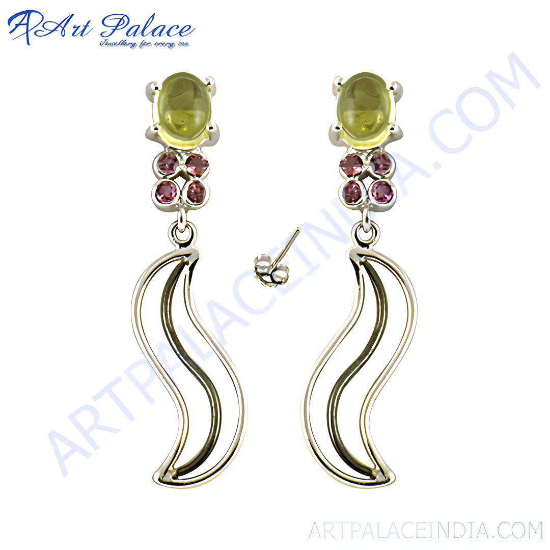 Sterling silver dangle earrings with green and pink gemstones, perfect for any occasion.