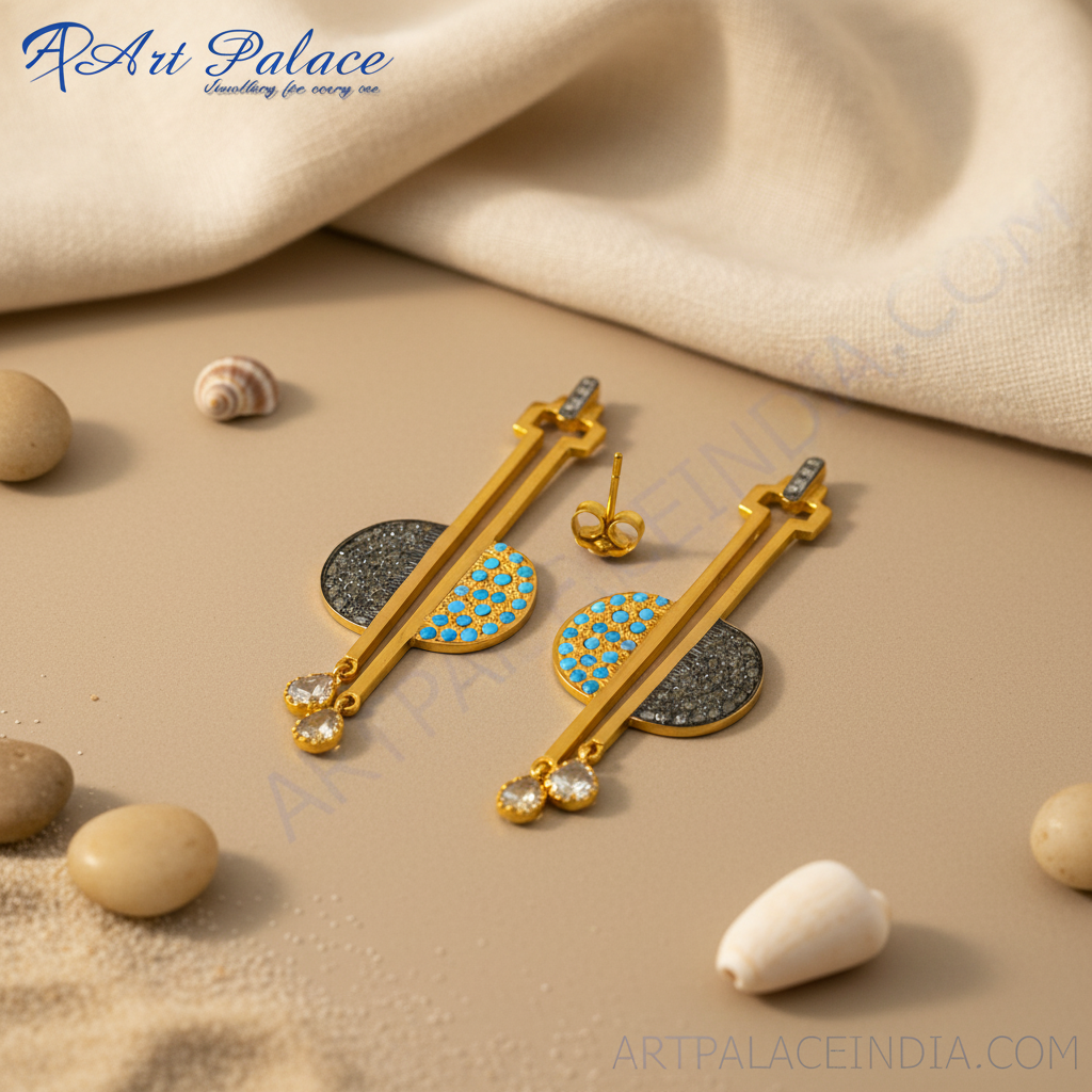 Gold dangle earrings with blue gemstones for women