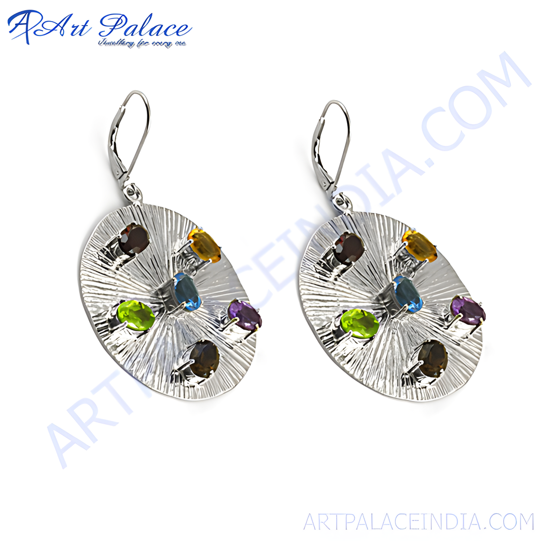 Sterling silver drop earrings with multiple colorful gemstones, suitable for women.
