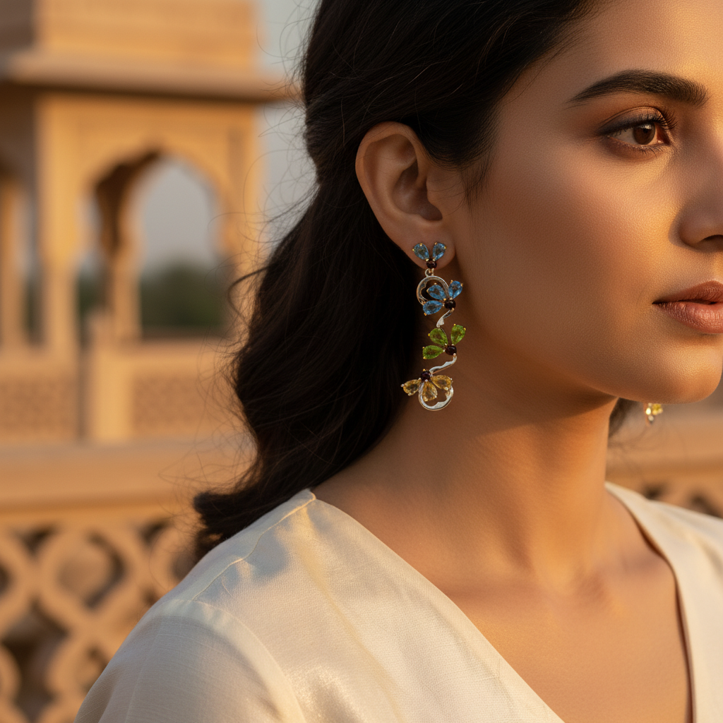 Pendientes colgantes de plata con piedras preciosas para mujer | Joyería con diseño floral