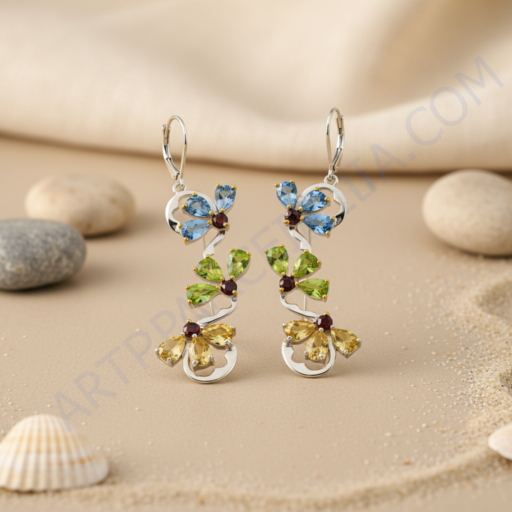 Pendientes colgantes de plata con piedras preciosas para mujer | joyería con diseño floral