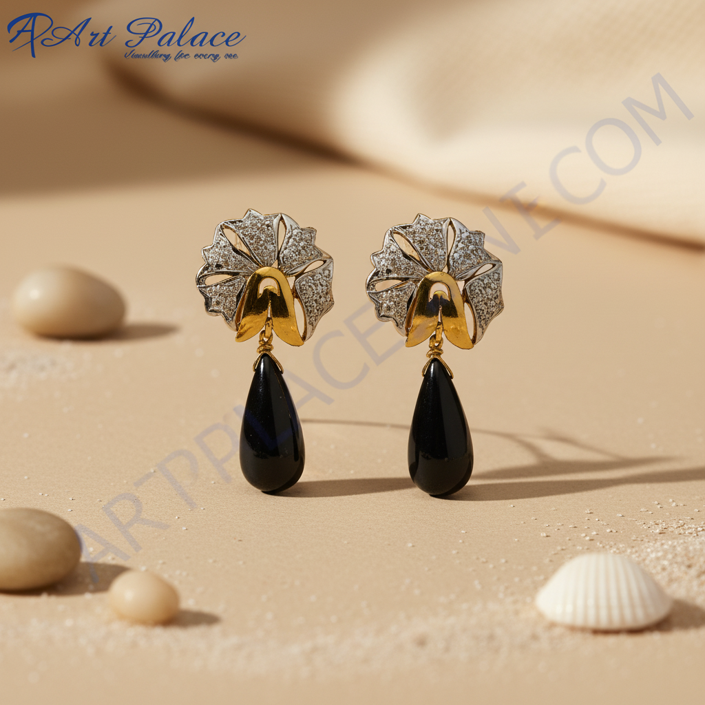 Gold & Diamond Floral Drop Earrings | Black Onyx Gemstone Jewelry