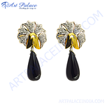 Load image into Gallery viewer, Gold and diamond drop earrings with black onyx teardrop gemstones, elegant floral design.
