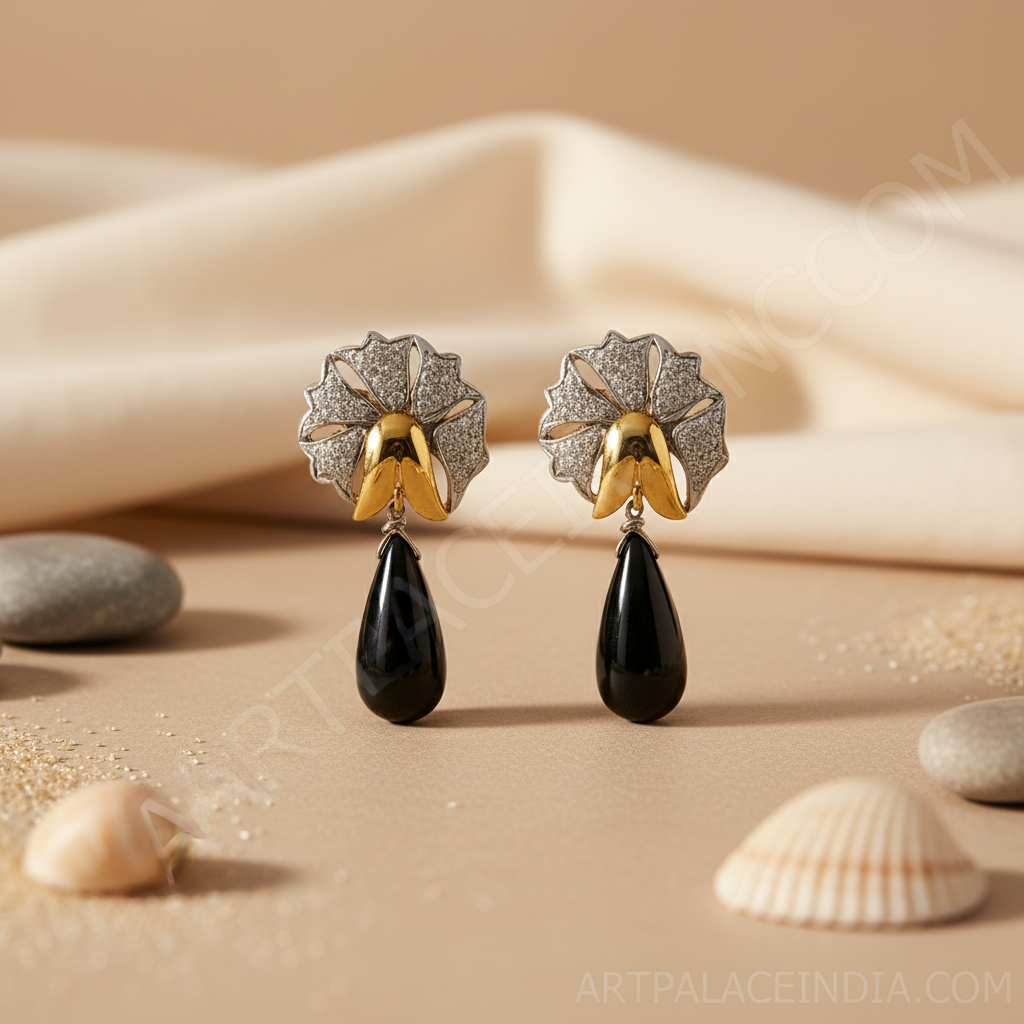 gold plating & Diamond Floral Drop Earrings | Black Onyx Gemstone Jewelry