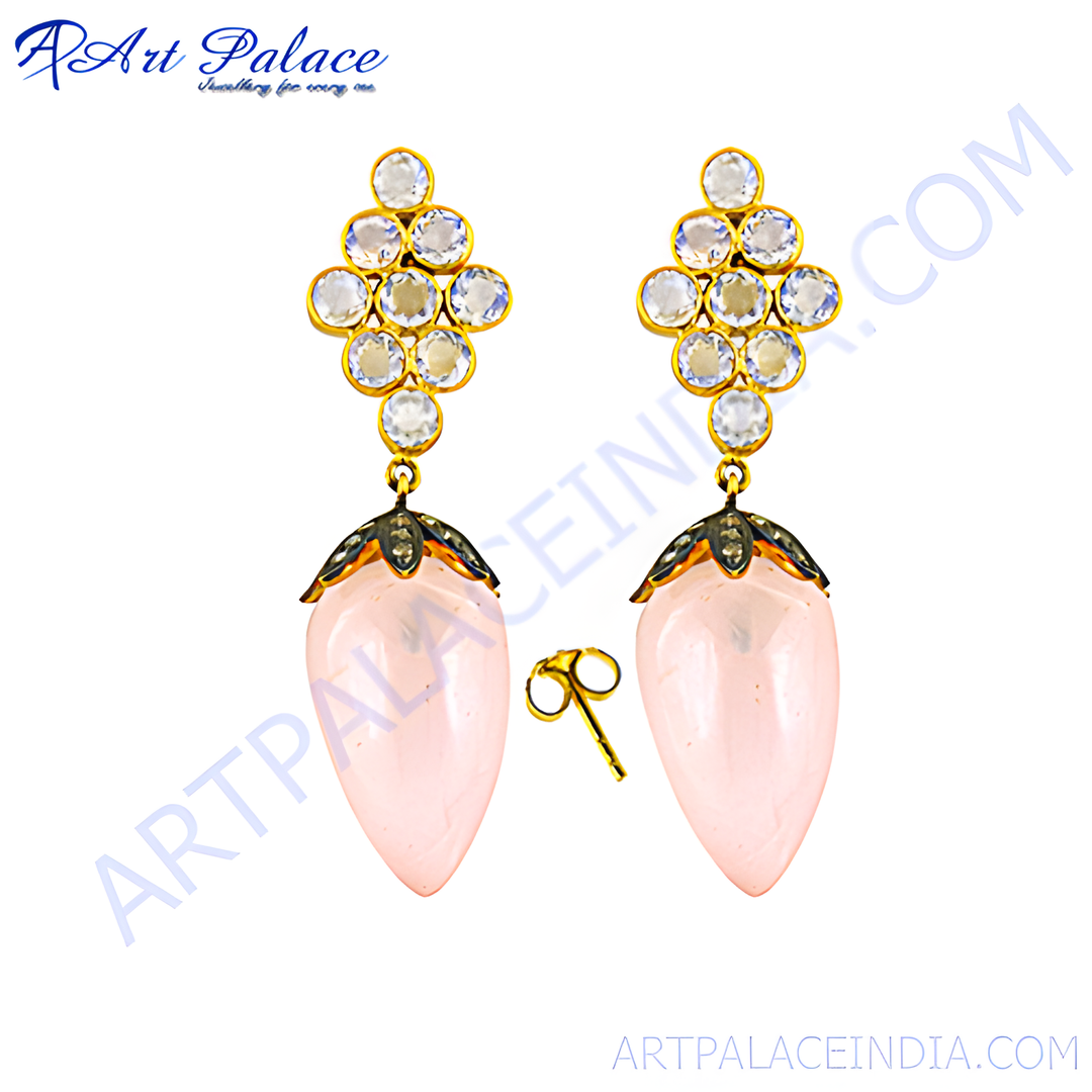 Rose quartz drop earrings with gold detailing and clear gemstones, pink color