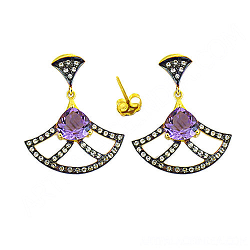 gold plating & Amethyst Fan Earrings | Gemstone Dangle Earrings for Women