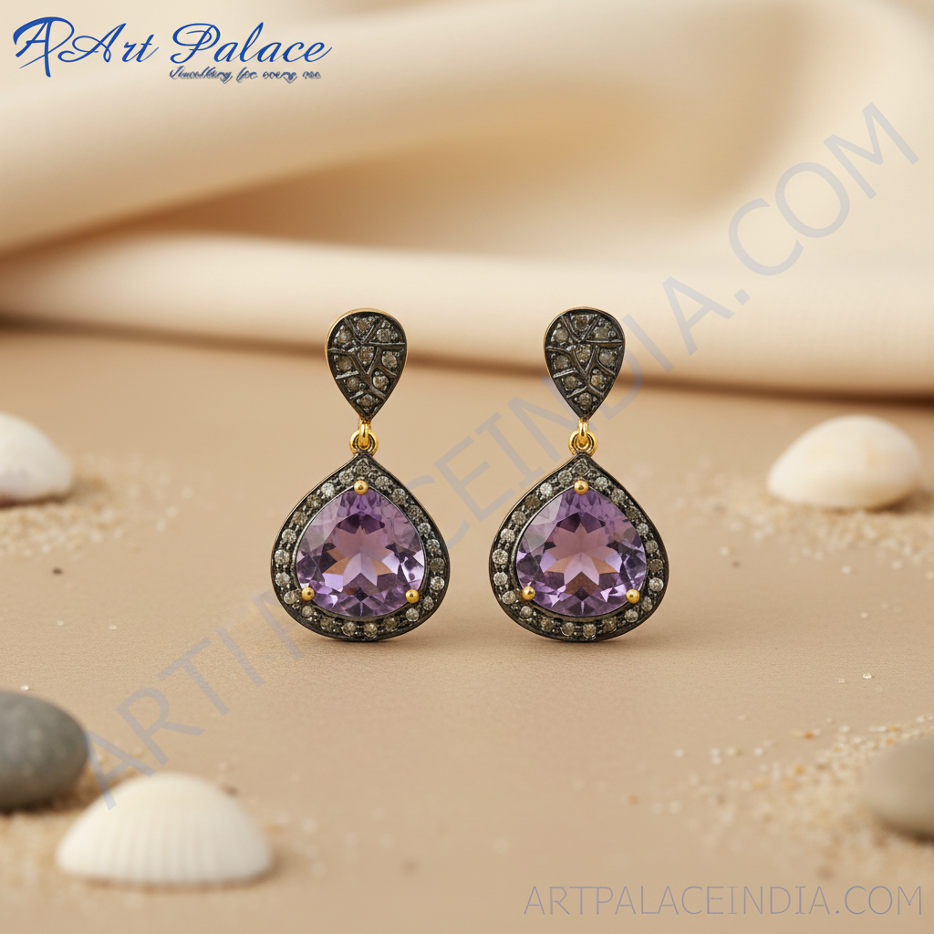 Amethyst Drop Earrings | Silver & Diamond Accent | Women's Jewelry