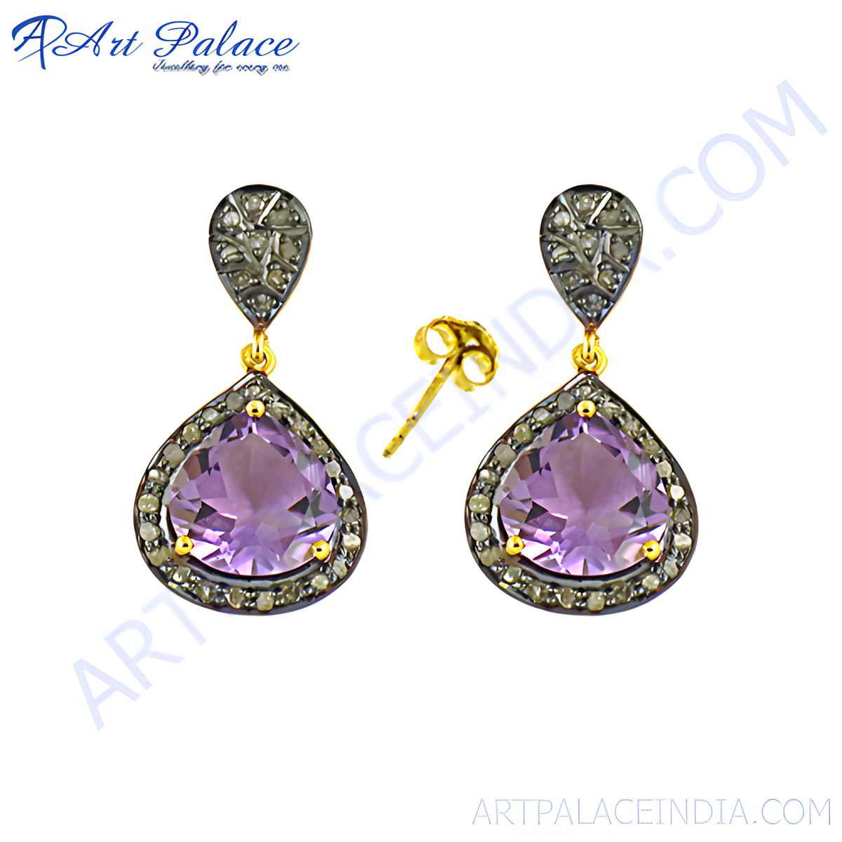 Silver drop earrings featuring a pear shaped purple amethyst gemstone with diamond accents
