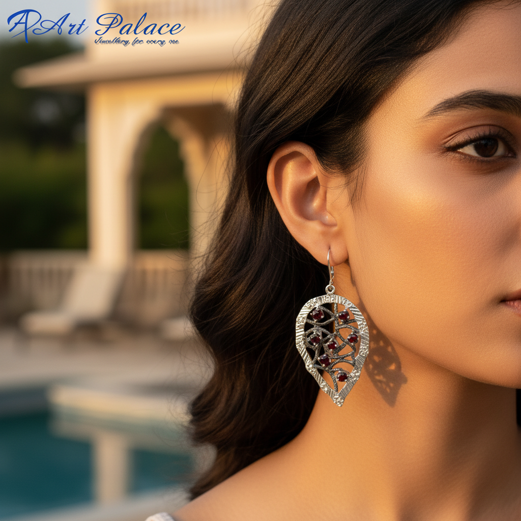 925 Silver Garnet Drop Earrings for Women | Leaf Design