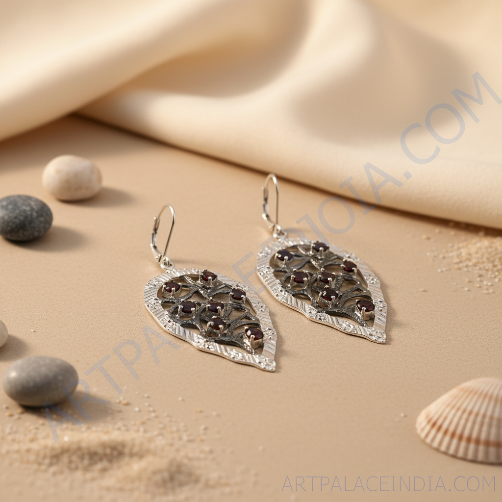 925 silver garnet drop earrings for women | leaf design