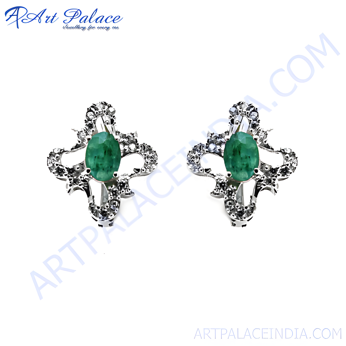Silver stud earrings featuring oval emerald gemstones in a floral design
