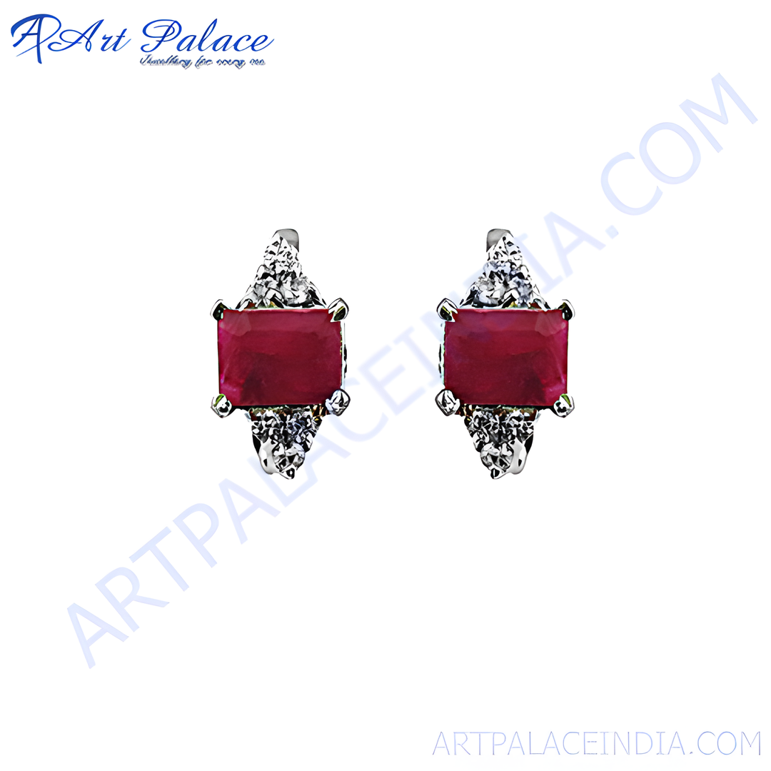 Silver stud earrings with radiant cut ruby gemstone, elegant design for women.