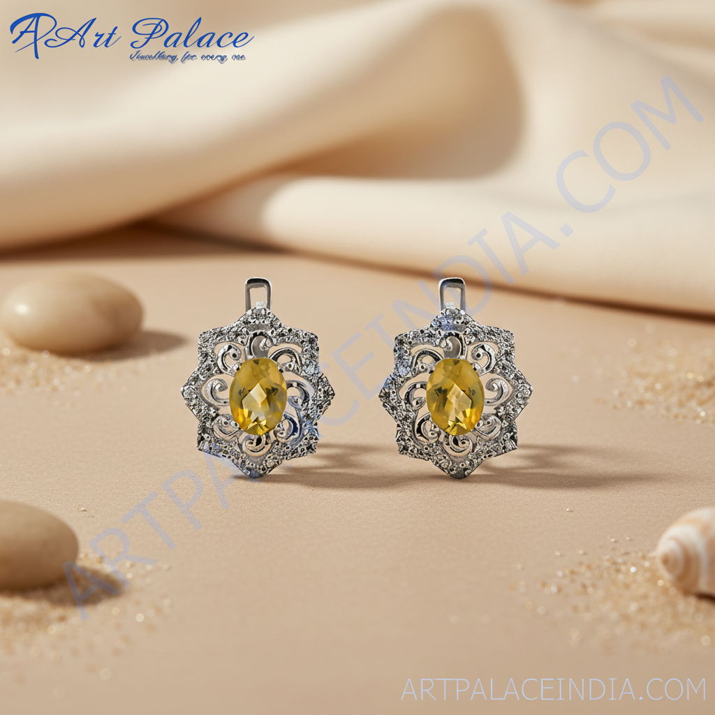 925纯银黄水晶耳环（女士款）| 宝石首饰