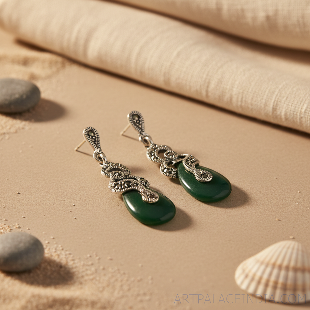 925 Silver Green Stone Earrings for Women | Dangle Earrings