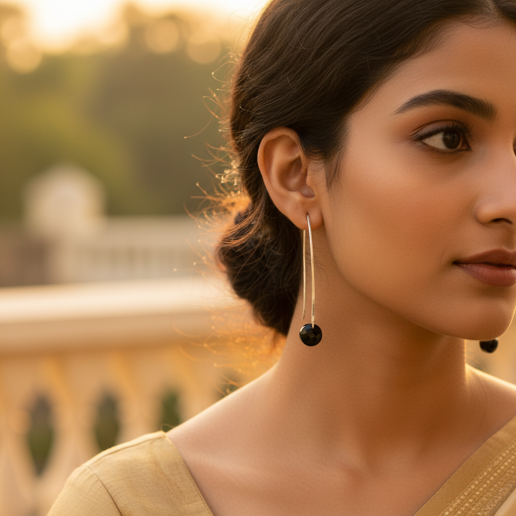 Pendientes colgantes de plata con piedra preciosa negra para mujer