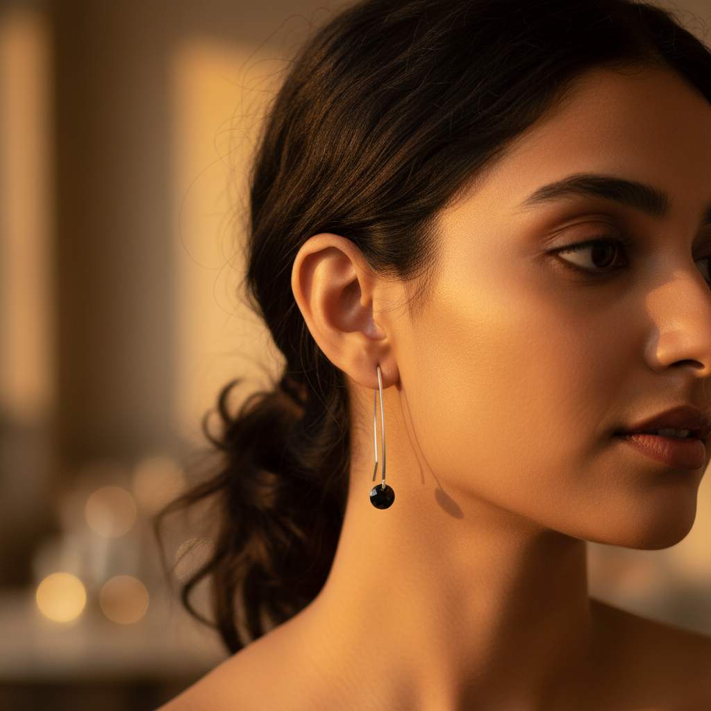 Silver Drop Earrings with Black Gemstone for Women