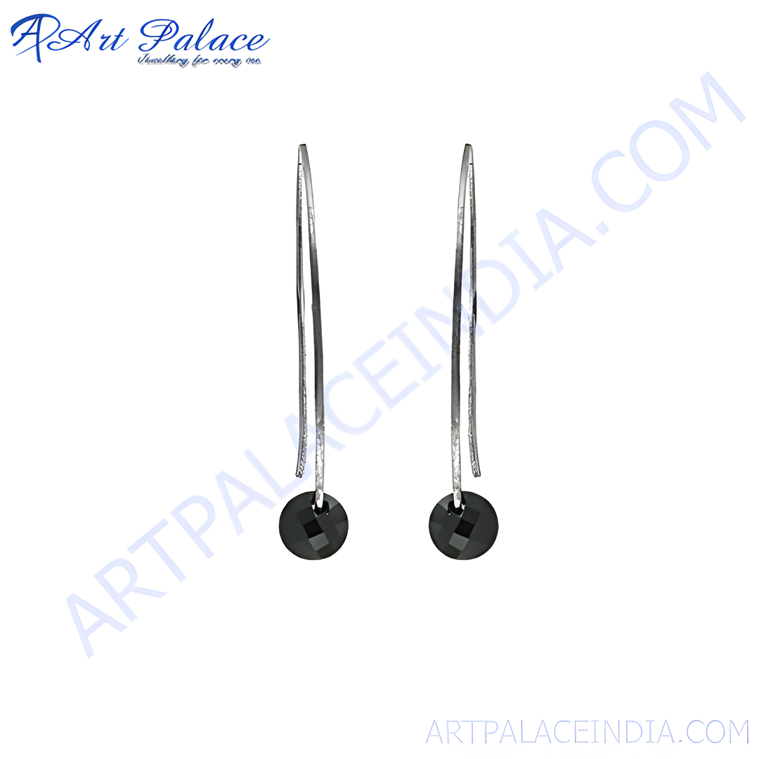 Silver drop earrings with faceted black gemstones on a white background, perfect for everyday wear.