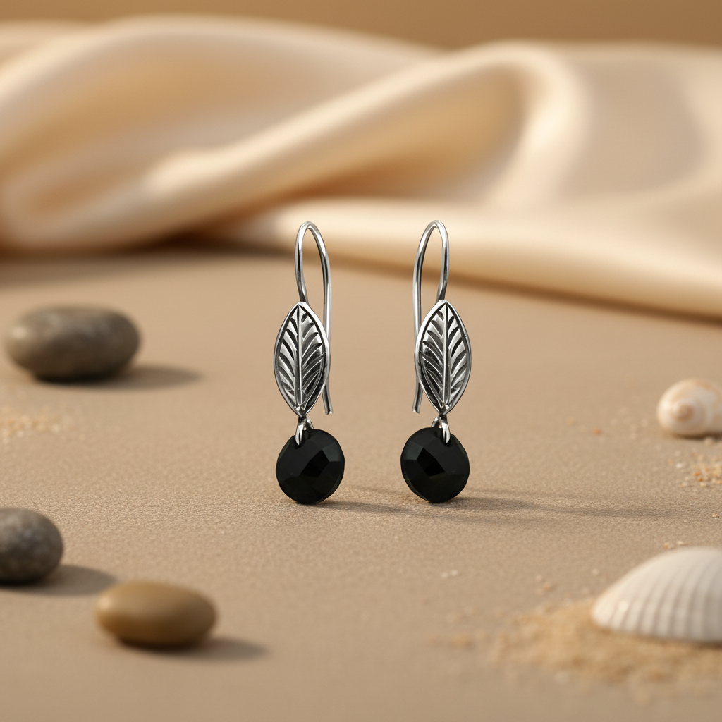 925 Silver Leaf Black Onyx Drop Earrings for Women