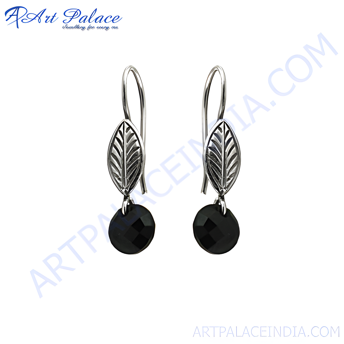 Sterling silver drop earrings with leaf design and faceted black onyx gemstones