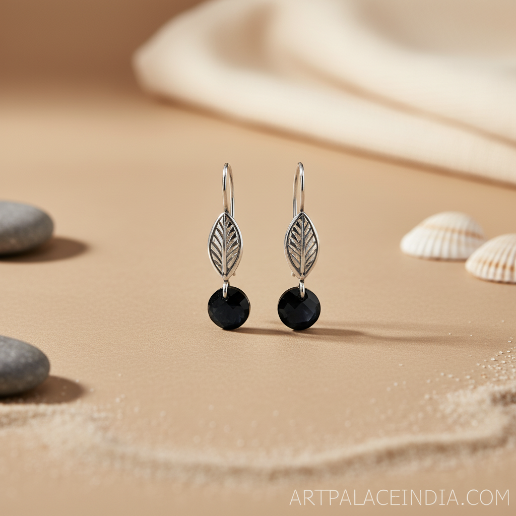 925 Silver Leaf Black Onyx Drop Earrings for Women