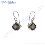 Load image into Gallery viewer, 925 sterling silver dangle earrings with square-cut smoky quartz gemstones, brown color, elegant design
