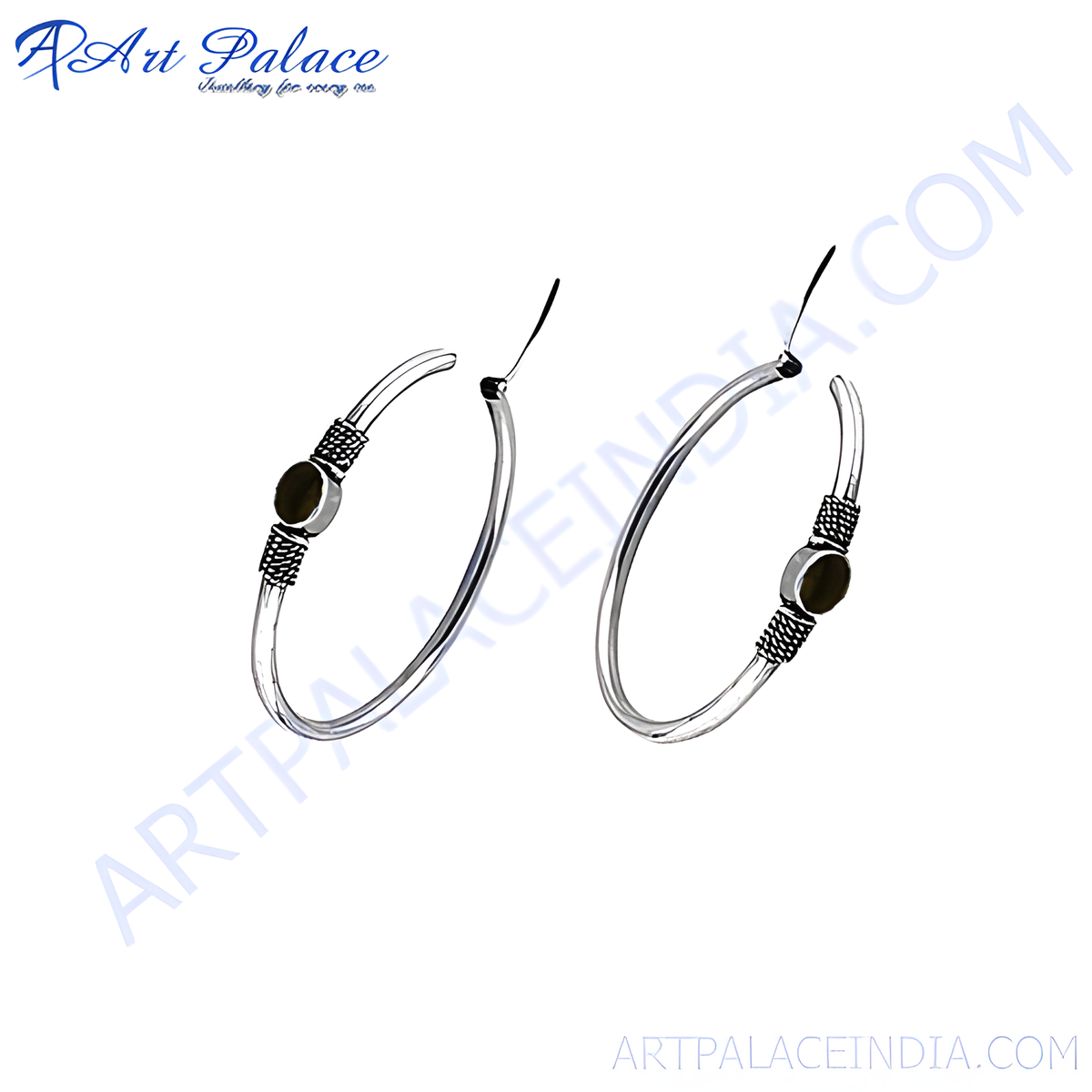 Silver hoop earrings featuring a black stone accent, perfect for women's daily wear