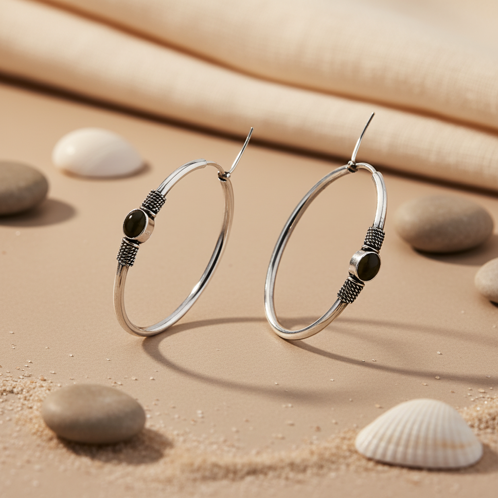 Silver Hoop Earrings with Black Stone | Daily Wear for Women