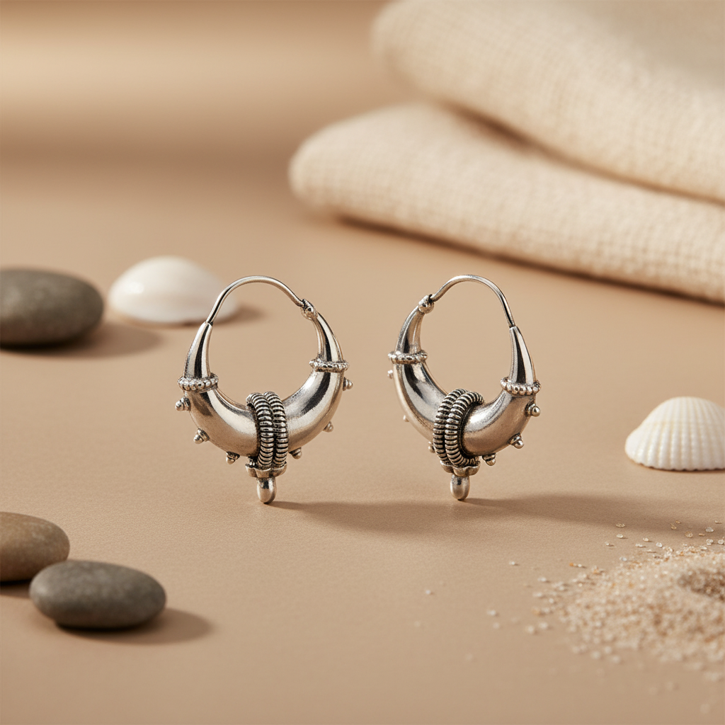 Silver Hoop Earrings | Tribal Design | For Women