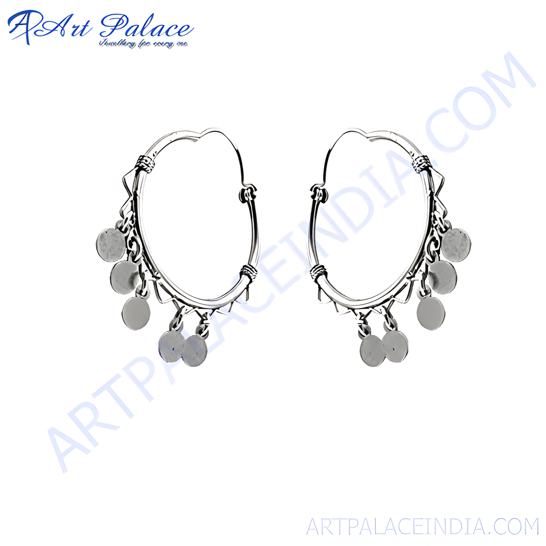 925 sterling silver hoop earrings with dangling silver disc charms on white background