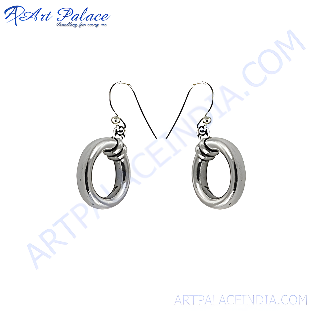 Silver oval hoop dangle earrings, polished finish, women's jewelry.