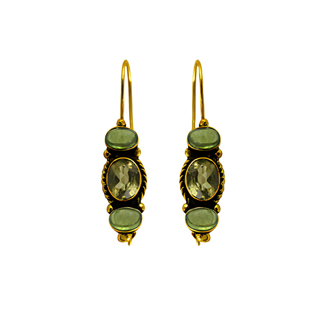 Gold drop earrings featuring three green oval-cut gemstones with a hook closure.