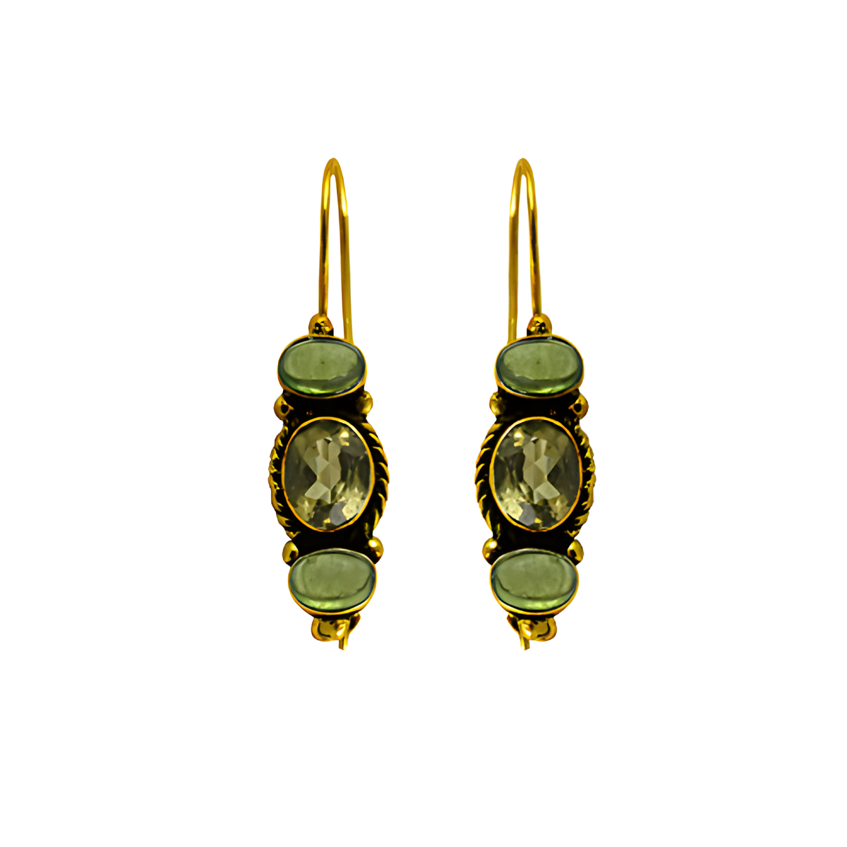 Gold drop earrings featuring three green oval cut gemstones with a hook closure