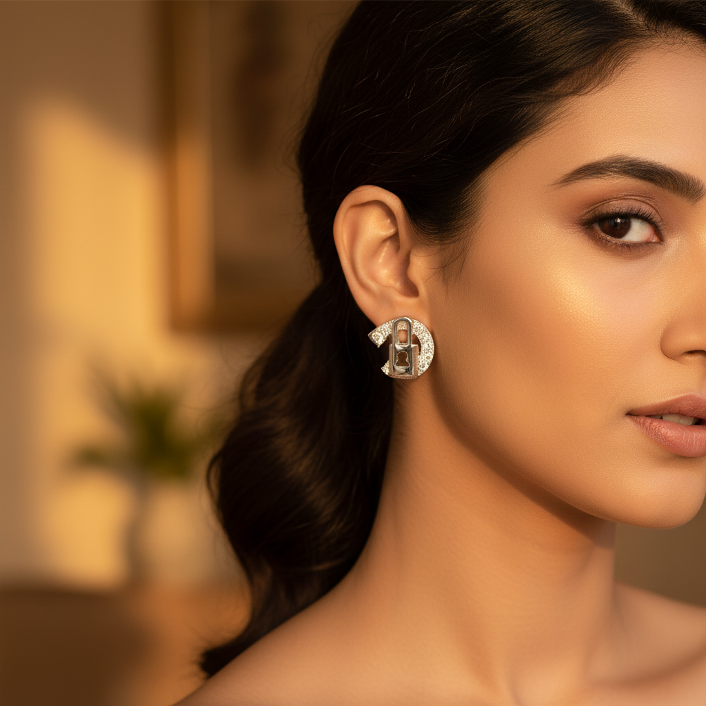 925 Silver Padlock Stud Earrings | Cubic Zirconia | For Women