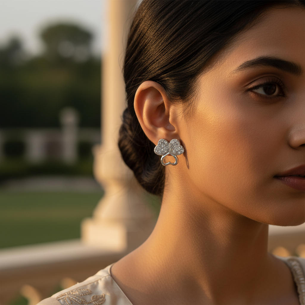 Silver Heart Stud Earrings for Women | Crystal Embellished