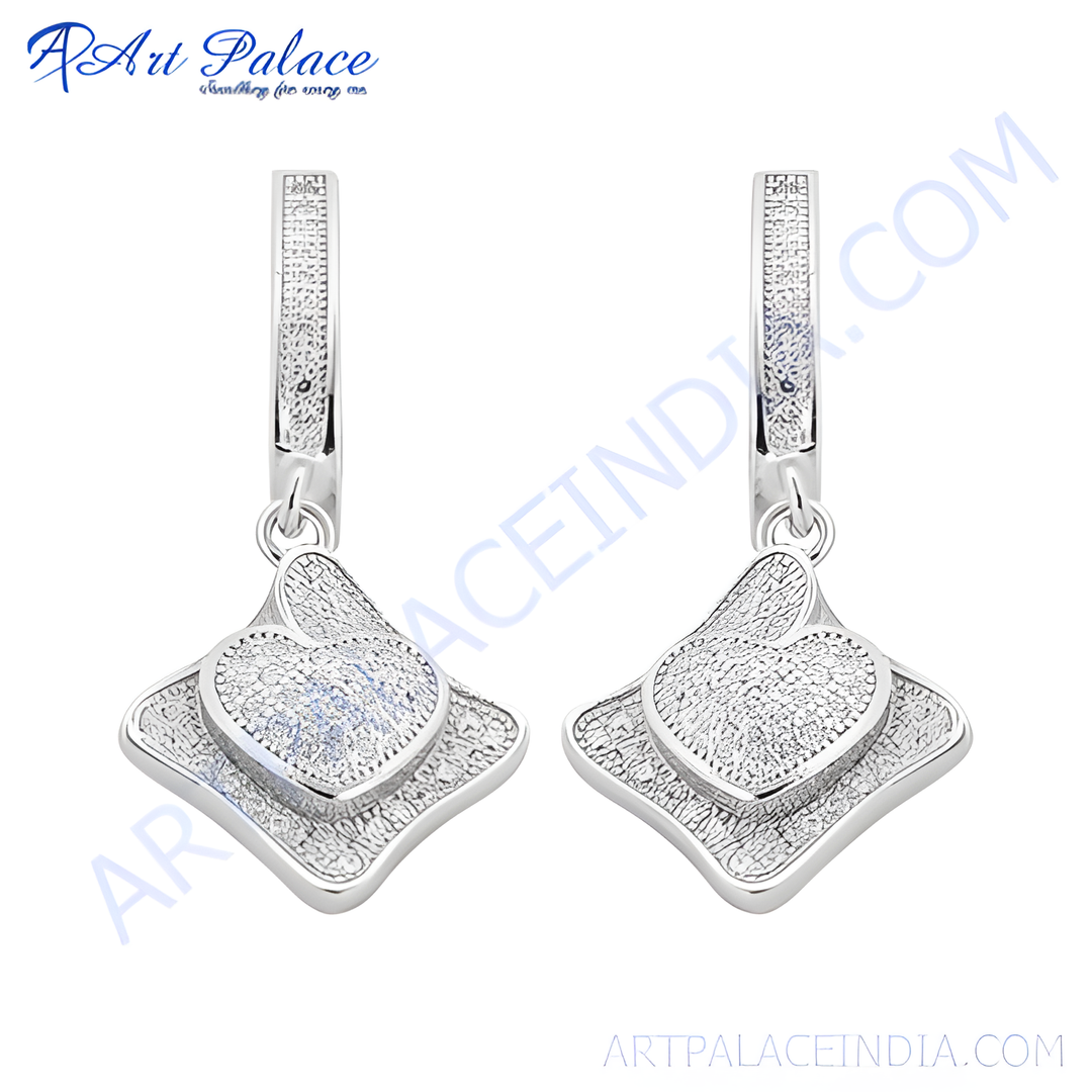 925 sterling silver heart drop earrings with textured finish and hook closure.