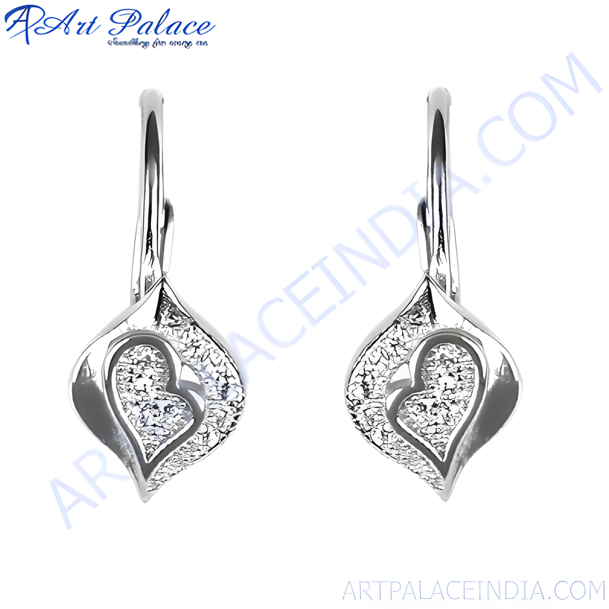 Sterling silver drop earrings featuring a heart shape with simulated diamond accents