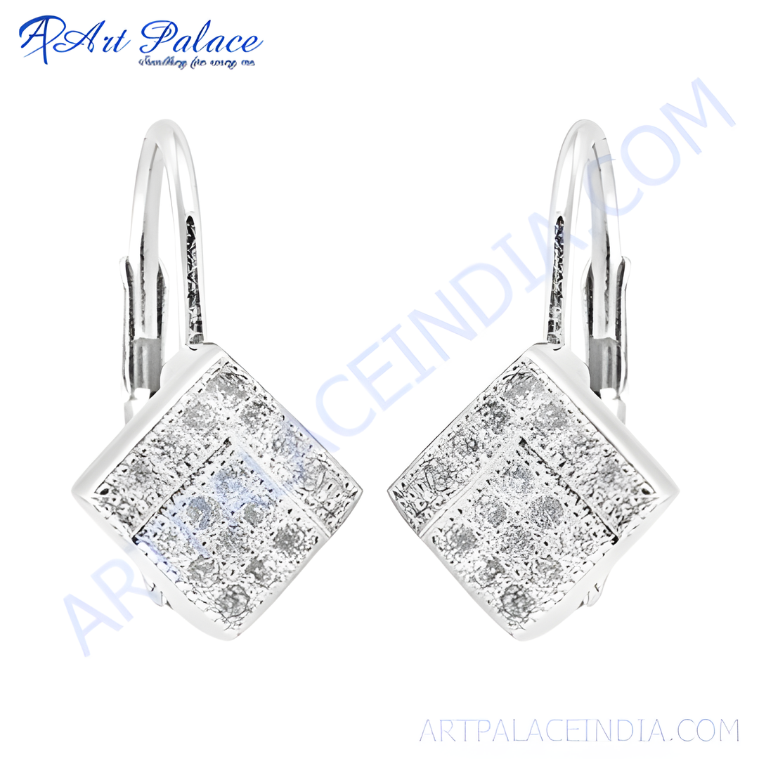 925 silver square leverback earrings with diamond accents, elegant jewelry for women.