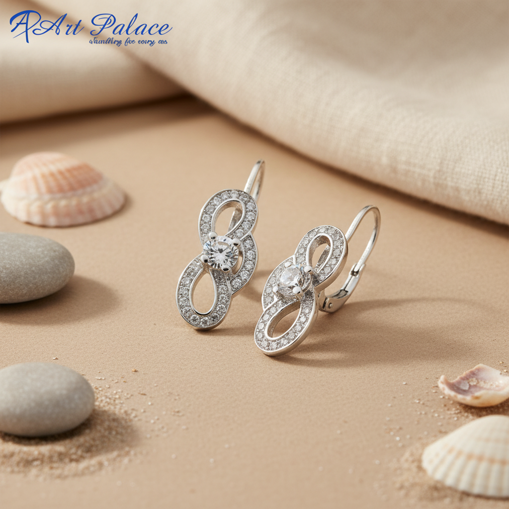 女士银色立方氧化锆杠杆式耳环 | 精致首饰