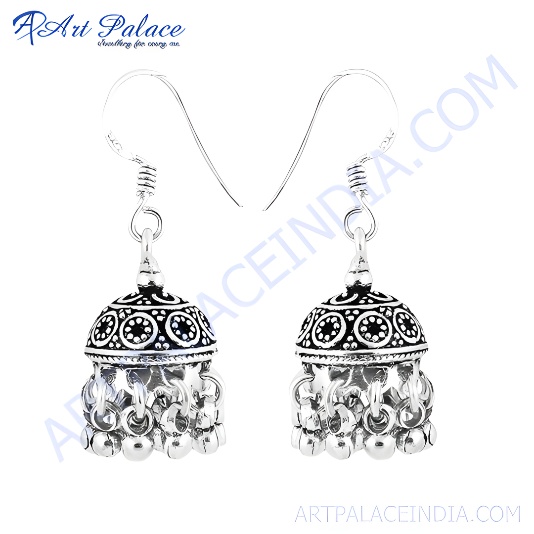 925 sterling silver dangle jhumka earrings with intricate design and hanging beads.