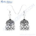 Load image into Gallery viewer, 925 sterling silver dangle jhumka earrings with intricate design and hanging beads.
