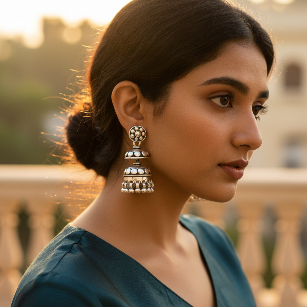 Pendientes jhumka de plata 925 para mujer | joyería étnica india