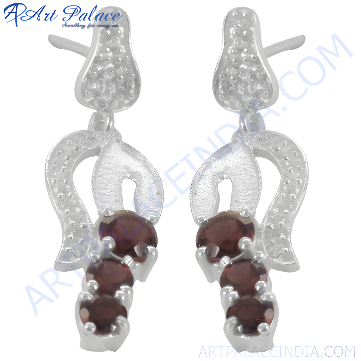 925 sterling silver dangle earrings with three red garnet gemstones