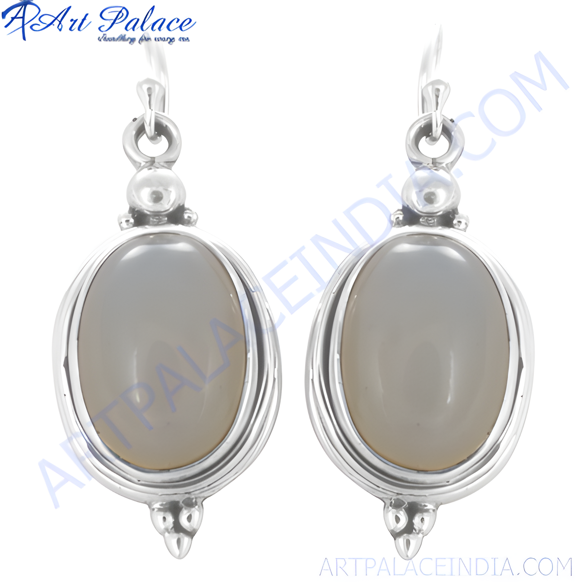 925 sterling silver drop earrings featuring oval shaped moonstone gemstones in a light gray color