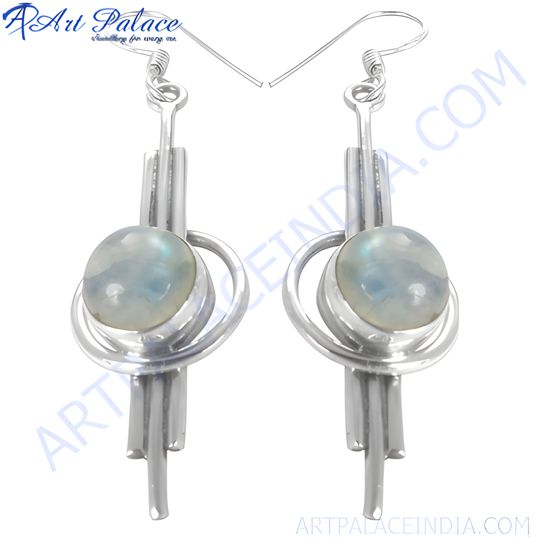 925 sterling silver drop earrings with round moonstone gemstones, silver and blue.