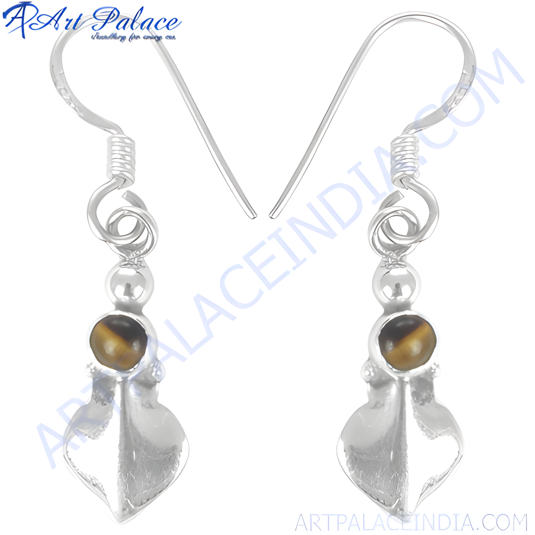 Sterling silver dangle earrings with tiger eye gemstone and leaf design in silver color