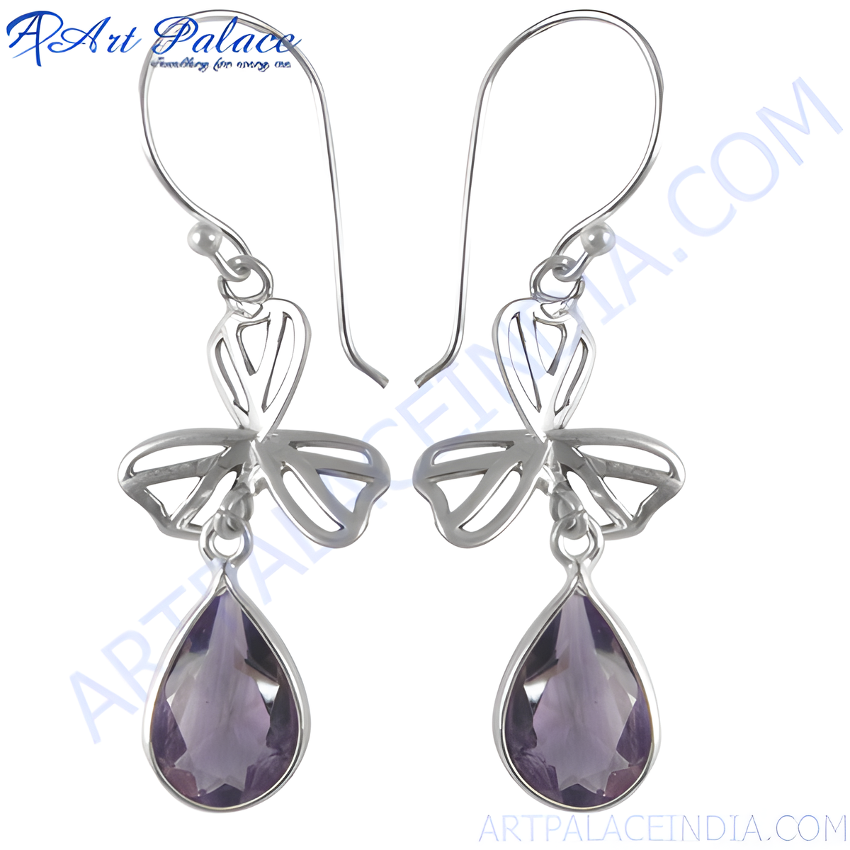 925 sterling silver drop earrings with pear shaped amethyst gemstones, elegant design